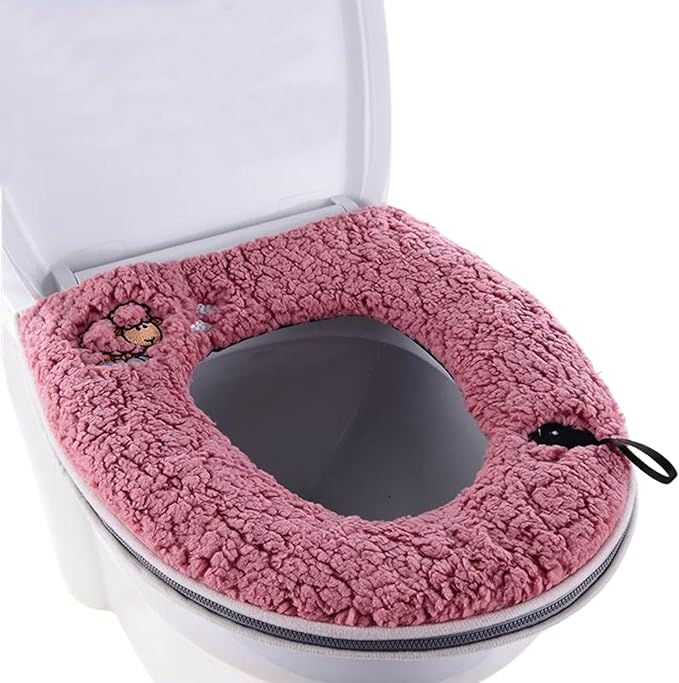 Cartoon Lamb Pattern Plush Toilet Seat Cover - Zippered Universal Toilet Cushion (Thickened Warmth, Fits Multiple Toilet Sizes)