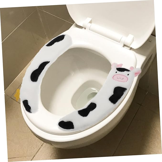 Cartoon Cow Toilet Seat Pads – Soft Plush Thickened Adhesive Covers for Kids & Adults, Reusable Travel-Friendly Toilet Seat Stickers, 2-Pack (13.3" x 3.5")