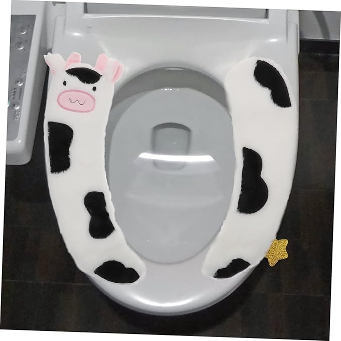 Cartoon Cow Toilet Seat Pads – Soft Plush Thickened Adhesive Covers for Kids & Adults, Reusable Travel-Friendly Toilet Seat Stickers, 2-Pack (13.3" x 3.5")